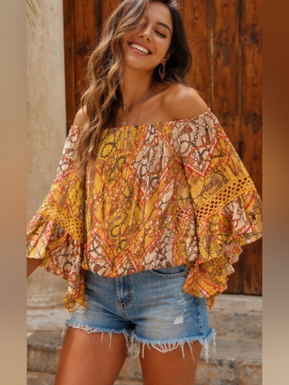 Unique Spectrum Yellow Multi-Print Off-Shoulder Ruffle Blouse size S